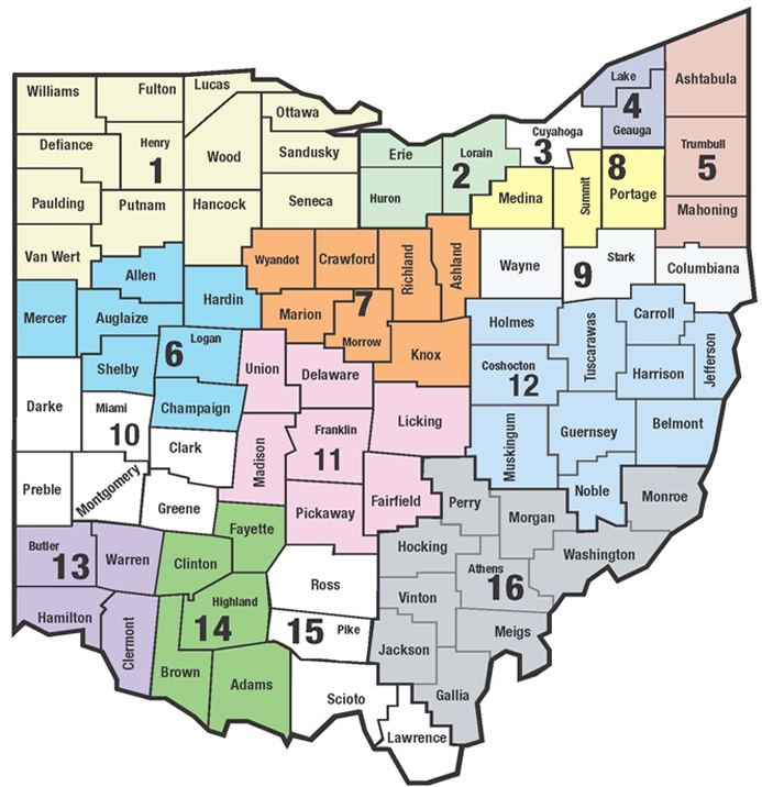 This is a visual map of Ohio's 16 SST Regions